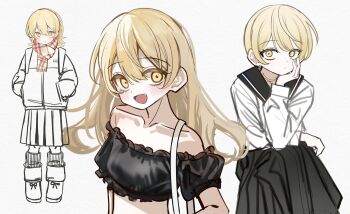 1girl :d absurdres bag bare_shoulders black_sailor_collar black_shirt blonde_hair coat collarbone crop_top frilled_shirt frills full_body futsuu_no_keion-bu hand_on_own_face hands_in_pockets head_rest highres long_hair multiple_views off-shoulder_shirt off_shoulder open_mouth pleated_skirt sailor_collar sailor_shirt scarf school_uniform serafuku shirt short_hair shoulder_bag simple_background skirt smile tatsumi_reiha upper_body urakko white_background white_shirt winter_clothes yellow_eyes