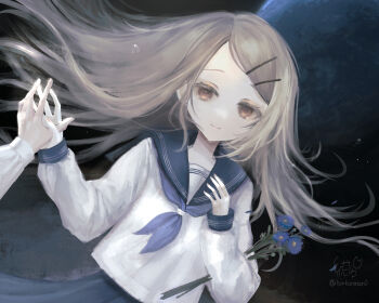 1girl 1other absurdres blonde_hair blue_flower blue_neckerchief blue_sailor_collar blue_skirt closed_mouth colored_eyelashes commentary_request crying crying_with_eyes_open dark_background elbow_carry fingernails floating_hair flower gakuen_idolmaster hair_ornament hairclip hands_up hatsuboshi_gakuen_school_uniform highres holding holding_flower holding_hands idolmaster konkontsuki long_hair long_sleeves looking_at_another neckerchief orange_eyes orange_nails out_of_frame parallel_hairclips pleated_skirt sailor_collar school_uniform serafuku shinosawa_hiro shirt signature skirt smile tears twitter_username upper_body very_long_hair white_shirt