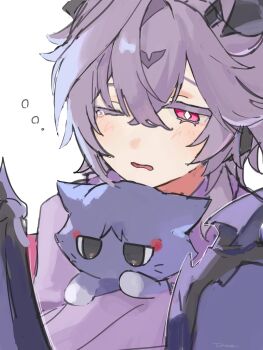 Rule 34 | 1boy, 624 itumo, alternate costume, animal, animalization, artist name, blush, bright pupils, cat, colored eyelashes, commentary request, crossed bangs, diamond-shaped pupils, diamond (shape), dragon boy, dragon wings, durin (genshin impact), eyelashes, facial mark, forehead mark, genshin impact, hair between eyes, highres, holding, holding animal, holding cat, male focus, one eye closed, open mouth, portrait, purple cat, purple hair, purple shirt, purple wings, red eyes, scaramouche (cat) (genshin impact), scaramouche (genshin impact), shirt, symbol-shaped pupils, tearing up, tears, white background, white pupils, wings