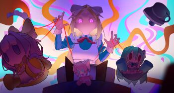 1girl absurdres apron blonde_hair bow character_doll commentary doll doll_house dress english_commentary hair_bow hakhpu highres long_hair magia_azure magia_magenta magia_sulfur mahou_shoujo_ni_akogarete morino_korisu nero_alice pacifier psychedelic puppet_strings purple_eyes serious simple_background solo star_(symbol) string