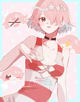 &gt;_&lt; 1girl blue_border border breasts chibi choker closed_eyes closed_mouth dr._stone dress eyelashes female_focus hair_ornament hair_over_one_eye hand_up highres kuritiizu light_blush long_hair luna_wright medium_breasts one_eye_closed open_mouth pink_background pink_hair red_dress sleeveless sleeveless_dress smile solo star_(symbol) star_hair_ornament striped_clothes striped_dress two-tone_dress white_dress