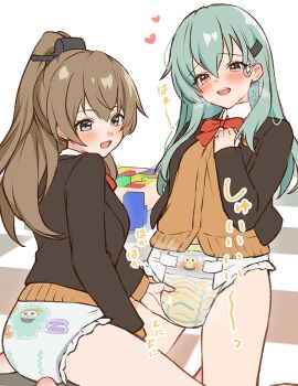 2girls aqua_hair blazer blush bow bowtie brcl7777 brown_hair brown_jacket cardigan choppy_bangs collared_shirt commentary_request commission diaper elmo fingering fingering_through_clothes hand_on_own_chest hand_up heart jacket kantai_collection kneeling kumano_(kancolle) looking_at_viewer looking_to_the_side motion_lines multiple_girls no_pants open_clothes open_jacket open_mouth pee_stain peed_self print_diaper raised_inner_eyebrows red_bow red_bowtie school_uniform sesame_street shirt simple_background sitting skeb_commission smile sound_effects steaming_body suzuya_(kancolle) through_clothes turning_head variant_set white_background white_shirt yellow_cardigan yuri