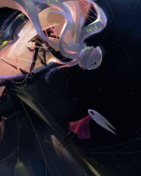 2girls arthropod_girl black_eyes blank_eyes cloak eva_(hollow_knight) extra_eyes highres hollow_knight hollow_knight:_silksong horned_mask hornet_(hollow_knight) horns looking_at_another lucy_(somewhat_irked) mask multiple_girls red_cloak white_mask