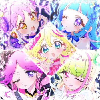 5girls black_hair blonde_hair blowing_kiss blue_eyes blue_hair blue_ribbon choker cure_idol cure_kiss cure_kyunkyun cure_wink cure_zukyuun earrings fortissimo gradient_hair green_eyes green_hair hair_extensions hair_ornament half-heart_hands headset heart_ribbon highres idol idol_clothes jewelry kimi_to_idol_precure long_hair mona_(xf7_pml) multicolored_hair multiple_earrings multiple_girls musical_note musical_note_hair_ornament one_eye_closed open_mouth pearl_earrings pink_eyes pink_hair pink_ribbon pink_streaks portrait precure purple_eyes purple_hair purple_ribbon ribbon ribbon_choker smile two-tone_hair wing_hair_ornament yellow_eyes
