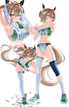 1girl absurdres alternate_costume alternate_species animal_ears armpits bare_shoulders breasts brown_hair brown_tail buruma commentary cross-body_stretch green_eyes hair_between_eyes highres horse_ears horse_girl horse_tail indie_virtual_youtuber kemonomimi_mode kneehighs large_breasts long_hair massiveyog multiple_views navel nimi_nightmare running shoes simple_background single_kneehigh single_sock single_thighhigh skindentation sneakers socks sports_bikini sports_bra sweat tail thighhighs track_and_field track_uniform umamusume virtual_youtuber white_background white_socks white_thighhighs wiping_face wiping_sweat