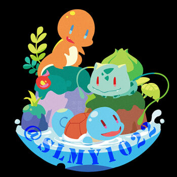animal_focus black_background blue_eyes bulbasaur charmander commentary fang fire flame-tipped_tail full_body gen_1_pokemon kariki_hajime leaf moss nintendo no_humans no_lineart open_mouth pokemon pokemon_(creature) red_eyes simple_background squirtle starter_pokemon_trio tail water