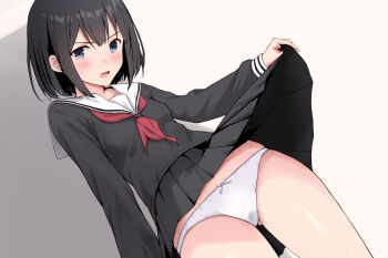 1girl absurdres black_hair black_serafuku black_shirt black_skirt blush bow bow_panties clothes_lift commentary_request cowboy_shot crotch_seam double-parted_bangs dutch_angle grey_background grey_eyes highres lifting_own_clothes long_hair long_sleeves looking_at_viewer migita_(hirayuaki) neckerchief open_mouth original panties picot_trim_panties pleated_skirt pussy_juice_stain red_neckerchief sailor_collar school_uniform serafuku shadow shirt short_hair simple_background skirt skirt_lift solo stained_panties standing sweat underwear very_long_hair white_panties white_sailor_collar