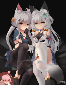 3girls absurdres ahoge animal_ear_fluff animal_ears black_gloves black_pantyhose black_shirt black_skirt blue_skirt borrowed_character braid brown_eyes demon_horns detached_sleeves disgust elbow_gloves empty_eyes feet female_pervert female_pov foot_worship fox_ears fox_girl fox_tail gloves hair_ornament hand_to_own_mouth heart highres holding_another&#039;s_foot horns karv legs long_braid long_hair looking_at_viewer multiple_girls no_shoes original pantyhose pervert pink_hair pointy_ears ponytail pov red_eyes shaded_face shirt skirt smelling smelling_feet soles steam tail thighband_pantyhose thighhighs thighs toes very_long_hair white_hair white_shirt white_sleeves white_thighhighs yuri