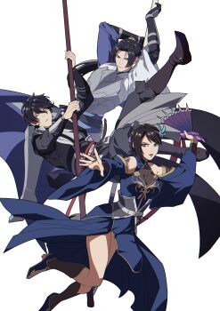 Rule 34 | 1girl, 2boys, absurdres, bare shoulders, breasts, bridal gauntlets, brown eyes, closed mouth, detached sleeves, fighting stance, grey eyes, hair between eyes, halterneck, highres, igusaharu, long hair, medium breasts, multiple boys, parted lips, ponytail, shin sangoku musou, shin sangoku musou origins, short hair, showgirl skirt, zhang he (shin sangoku musou), zhenji (shin sangoku musou), ziluan (shin sangoku musou)