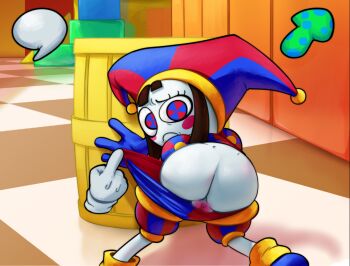 1girl 2023 ass clothes_pull clown clown_girl colored_skin cropped disembodied_hand female_focus flat_chest from_behind glitch_productions gooseworx hat hexanne highres jester jester_cap jester_girl looking_back medium_hair mirror nude pants pants_pull petite pomni_(the_amazing_digital_circus) pussy tagme the_amazing_digital_circus white_skin