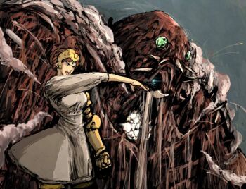 1girl 1other arm_at_side blue_eyes blue_gemstone breasts brown_hair clenched_hand commentary_request cowboy_shot dress gem giant green_eyes grey_sky headpiece highres kaze_no_tani_no_nausicaa kushana kyoshinhei large_breasts long_sleeves looking_afar looking_ahead mechanical_arms melting monster moto_murabito open_mouth outdoors outstretched_arm scene_reference short_dress short_hair single_mechanical_arm sky smoke standing teeth upper_teeth_only white_dress