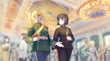 1girl 2girls absurdres ahoge alcohol belt belt_around_waist black_eyes black_hair black_jacket black_pants blonde_hair blue_pants blurry blurry_background blush champagne closed_eyes cross cross_pendant dated depth_of_field epaulettes fluffkaiser frogging green_jacket high_collar highres holding_grass jacket japan looking_at_another medal medium_hair military military_dress_uniform military_jacket military_uniform multiple_girls open_mouth original palace pants party ponytail ribbon_of_saint_george russia russian_empire saint_petersburg sash sidelocks signature smile soldier striped_clothes striped_pants vertical-striped_clothes vertical-striped_pants white_belt white_wrist_cuffs wrist_cuffs yellow_sash