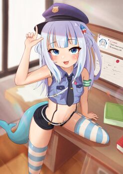 1girl absurdres arm_support armband black_necktie black_shorts blue_eyes blue_hair blue_hat blue_shirt blue_skirt blurry blurry_background blush book breasts bulletin_board collared_shirt commission crop_top desk english_text feet_out_of_frame fins fish_tail gawr_gura green_armband grey_hair hair_ornament hand_up hat highres hololive hololive_english indoors kurohi_drw loli long_hair looking_at_viewer micro_shorts multicolored_hair navel necktie open_mouth photo_(object) pixiv_commission police police_hat police_uniform policewoman shark_girl shark_hair_ornament shark_tail sharp_teeth shiny_skin shirt shorts skirt sleeveless sleeveless_shirt small_breasts smile solo streaked_hair striped_clothes striped_thighhighs suspenders tail teeth thighhighs tie_clip two_side_up upper_teeth_only variant_set virtual_youtuber