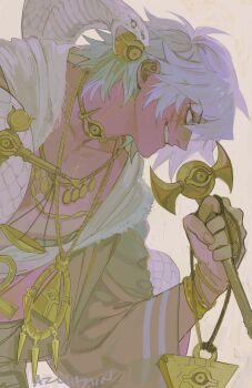 1boy ancient_egyptian_clothes azolitmin dark-skinned_male dark_skin from_side grey_hair highres male_focus millennium_eye millennium_key millennium_necklace millennium_puzzle millennium_ring millennium_rod millennium_scale profile scar scar_on_face short_hair simple_background snake solo touzokuou_bakura yu-gi-oh! yu-gi-oh!_duel_monsters