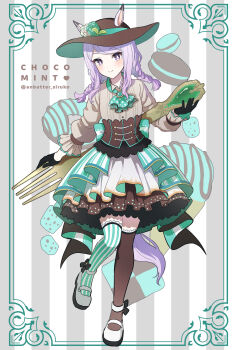 1girl alternate_costume alternate_hairstyle anbutter_siruko animal_ears ascot black_corset black_dress black_gloves black_hat black_thighhighs braid brooch brown_dress checkerboard_cookie closed_mouth commentary_request cookie corset donut dress ears_through_headwear flower food fork full_body gloves green_ascot green_dress green_flower green_ribbon green_rose green_thighhighs hat hat_flower hat_ribbon highres holding holding_fork horse_ears horse_girl horse_tail ice_cream jewelry layered_dress long_hair long_sleeves looking_at_viewer macaron mejiro_mcqueen_(umamusume) mint_chocolate mismatched_thighhighs oversized_object polka_dot_ascot purple_eyes purple_hair ribbon rose shoes smile solo striped_background striped_clothes striped_thighhighs tail thighhighs twin_braids twitter_username umamusume white_dress white_flower white_rose white_shoes white_thighhighs