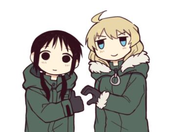 2girls ahoge black_eyes black_gloves black_hair blonde_hair blue_eyes chito_(shoujo_shuumatsu_ryokou) closed_mouth coat fur-trimmed_coat fur_trim gloves green_coat half-heart_hands heart_hands_failure hood hood_down jitome long_hair looking_at_viewer low_twintails military_uniform mob_face multiple_girls raccorn shoujo_shuumatsu_ryokou simple_background smile thumbs_up twintails white_background yuuri_(shoujo_shuumatsu_ryokou)