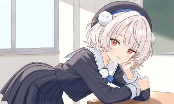 1girl absurdres bent_over beret blonde_hair classroom commentary_request day elbow_rest grey_hat grey_jacket grey_skirt hair_ornament hat highres indoors jacket long_sleeves looking_at_viewer miniskirt pinstripe_jacket pinstripe_pattern pinstripe_skirt pleated_skirt pom_pom_(clothes) pom_pom_hair_ornament sachiame short_hair skirt solo ui_(voisona) voisona window