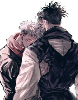 Rule 34 | 2boys, absurdres, black hair, brothers, choso (jujutsu kaisen), closed eyes, crying, facial mark, from behind, head on another's shoulder, highres, hood, hoodie, hug, itadori yuuji, jozpic, jujutsu kaisen, jujutsu tech uniform, male focus, multicolored hair, multiple boys, pink hair, red hoodie, robe, short hair, short twintails, siblings, simple background, tears, twintails, two-tone hair, undercut, white background, white robe