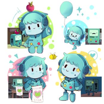 adventure_time apple apron aqua_boots aqua_hair aqua_skin balloon bee blush bmo boots bug colored_skin english_text facial_hair food fruit headphones heart highres humanization insect mustache no_nose reference_inset sparkle spoken_heart star_(symbol) sticker therusan
