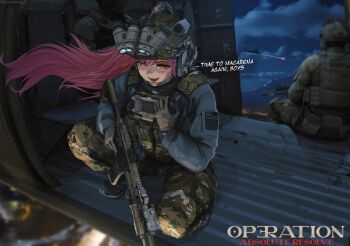 1girl 2026_united_states_strikes_in_venezuela 2boys aircraft american_flag ammunition_pouch assault_rifle body_armor bulletproof_vest camouflage camouflage_headwear camouflage_pants combat_helmet commentary dgkamikaze ear_protection fast_helmet flashlight girls'_frontline gloves gun headset helicopter helmet highres holding holding_gun holding_weapon laser_sight load_bearing_vest magazine_(weapon) military military_combat_uniform military_operator military_uniform multiple_boys night_vision_device optical_sight pants pink_hair pouch radio red_eyes rifle sig_mcx sig_mcx_(girls'_frontline) squatting suppressor tactical_clothes walkie-talkie weapon