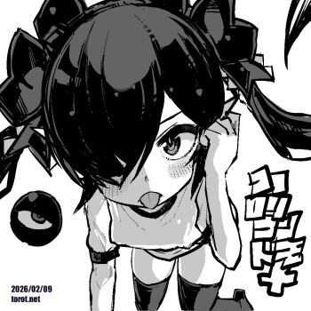 1girl ;p adjusting_hair all_fours backbeako_(torotei) backbeard blush breasts commentary covered_erect_nipples dated dated_commentary gegege_no_kitarou greyscale gym_shirt hair_over_one_eye hair_ribbon kono_lolicon_domome loli long_hair looking_at_viewer monochrome one_eye_closed open_mouth original paid_reward_available pointy_ears ribbon shirt short_sleeves simple_background small_breasts solo thighhighs tongue tongue_out torotei translated twintails watermark web_address white_background