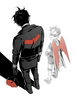 2boys bat_signal batman_(series) batman_symbol black_gloves black_hair black_shirt dc_comics dual_persona gloves highres jacket jason_todd male_focus mask multicolored_bodysuit multicolored_hair multiple_boys muscular muscular_male open_clothes pants red_hood_(dc) red_hood_and_the_outlaws red_mask robin_(dc) ruru_hrk shirt short_hair simple_background smile superhero_costume taut_bodysuit two-tone_bodysuit white_background