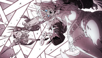 animal_ears belt cecilia_immergreen claws countdown_timer dog_ears dog_girl dog_tail doll_joints fuwawa_abyssgard fuwawa_abyssgard_(1st_costume) hair_ornament headphones headphones_around_neck highres hololive hololive_english joints mococo_abyssgard mococo_abyssgard_(1st_costume) multiple_girls polearm spear spot_color tail taka_t virtual_youtuber weapon winding_key