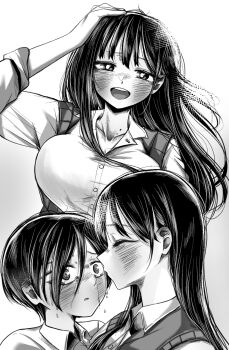1boy 1girl ao_tanuki arm_up blush boku_no_kokoro_no_yabai_yatsu breasts closed_mouth collarbone collared_shirt commentary crying crying_with_eyes_open dated_commentary greyscale hetero highres ichikawa_kyoutarou large_breasts licking_tears long_hair mole mole_on_neck monochrome multiple_moles multiple_views profile shirt short_hair sweater_vest tears upper_body yamada_anna
