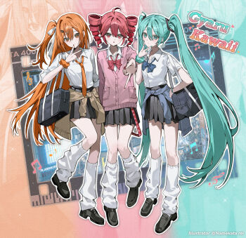 3girls a.i._voice absurdres adachi_rei aqua_eyes aqua_hair aqua_nails bag black_shoes black_skirt blue_bow blue_cardigan bow brown_cardigan cardigan cardigan_around_waist closed_mouth clothes_around_waist collared_shirt commentary_request dot_nose drill_hair english_text full_body gyaru hair_between_eyes hair_ornament hairclip hatsune_miku highres kasane_teto kaukrtya0915 leg_warmers long_hair looking_at_viewer medium_hair multiple_girls musical_note necktie open_mouth orange_eyes orange_hair orange_nails orange_necktie pink_cardigan pleated_skirt red_bow red_eyes red_hair red_nails school_bag shirt shoes side_ponytail skirt standing striped_bow twin_drills twintails twitter_username utau v very_long_hair vocaloid white_leg_warmers white_shirt zoom_layer
