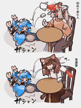 >_< 3girls animal_ears apron bird_legs bird_tail blue_feathers blue_hair blue_maid_harpy_(i7go34) blue_tail blue_tongue blue_wings brown_hair cat_ears cat_girl cat_tail colored_tongue commentary_request cup dodging dog_ears dog_girl dog_tail dress feathered_wings feathers frills grey_hair harpy holding holding_tray i7go34 maid maid_headdress monster_girl multiple_girls original short_hair simple_background spilling tail talons tea teacup teapot tray tripping white_background winged_arms wings
