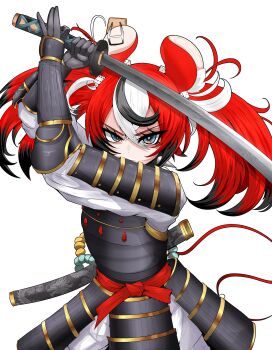 1girl absurdres alternate_costume animal_ear_fluff animal_ears arm_guards armor black_blood black_gloves black_hair blood blue_eyes bright_pupils collar commentary commission dice_hair_ornament dou english_commentary gloves hair_between_eyes hair_ornament hakos_baelz highres holding holding_sword holding_weapon hololive hololive_english japanese_armor katana kusazuri looking_at_viewer mayoa mouse_ears mouse_girl mouse_tail mousetrap multicolored_hair red_hair sheath shoulder_armor simple_background sode solo spiked_collar spikes streaked_hair sword tail upper_body v-shaped_eyebrows virtual_youtuber weapon white_background white_hair white_pupils