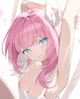 1girl absurdres arms_up breasts camisole cleavage commentary cyrene_(aedes_elysiae)_(honkai:_star_rail) cyrene_(honkai:_star_rail) hair_ornament highres honkai:_star_rail honkai_(series) lemures looking_at_viewer multicolored_hair pink_hair short_hair simple_background small_breasts smile solo two-tone_hair white_background white_camisole white_hair