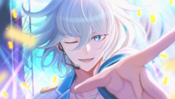 1boy absurdres blue_eyes commentary confetti earpiece english_commentary hair_between_eyes highres hira_icigocha idol jacket jewelry kamiya_shun lower_teeth_only male_focus necklace one_eye_closed outstretched_arm portrait reaching reaching_towards_viewer short_hair smile solo stage teeth tribe_nine white_hair white_jacket