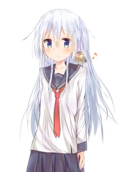 1girl anchor_symbol animal animal_on_shoulder bad_id bad_pixiv_id bird bird_on_shoulder blue_eyes blue_sailor_collar blue_skirt cowboy_shot hibiki_(kancolle) highres java_sparrow kantai_collection long_hair md5_mismatch narushina necktie pleated_skirt red_neckwear resolution_mismatch sailor_collar school_uniform serafuku silver_hair simple_background skirt source_smaller white_background