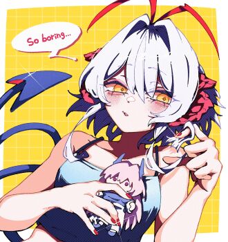 absurdres antenna_hair arknights bare_shoulders blush chibi commentary_request demon_horns demon_tail embarrassed english_text grey_tank_top grid_background hair_between_eyes highres holding horns nail_polish open_mouth red_nails short_hair speech_bubble tail tank_top theresa_(arknights) upper_body w_(arknights) white_background white_hair yellow_background yellow_eyes yukaocchi