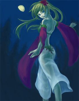 1girl back bikini blonde_hair blue_sky breasts brown_bikini commentary_request dancer detached_sleeves feet_out_of_frame flower gypsy_(ragnarok_online) hachi_(kuro8383) hair_flower hair_ornament harem_pants high_ponytail long_hair looking_at_viewer looking_back medium_breasts moon night open_mouth outdoors pants ponytail ragnarok_online red_flower red_sleeves sky solo swimsuit tree white_pants