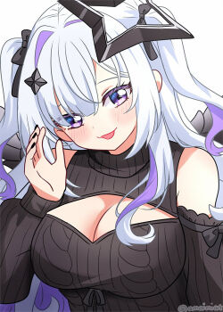 1girl amaimi amane_konata angel angel_wings black_dress black_nails black_ribbon blush breasts cleavage cleavage_cutout clothing_cutout dress grey_hair hair_ribbon halo hololive large_breasts long_hair looking_at_viewer nail_polish open_mouth purple_eyes ribbon smile solo star_halo turtleneck turtleneck_dress two_side_up virtual_youtuber wings