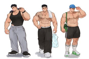 3boys abs bag bara baseball_cap biceps black_hair black_pants black_shoes black_shorts black_tank_top blue_hat broad_shoulders chewing_gum commentary cross cross_necklace drawstring english_commentary full_body grey_pants groin hat highres huge_pectorals jewelry leg_hair male_focus male_underwear male_underwear_peek multiple_boys necklace nipples no_sclera original pants pectoral_cleavage pectorals pubic_hair pubic_hair_peek shinichiii shoes shorts shoulder_bag sidepec simple_background sketch sneakers socks sweatpants tank_top thick_arms thick_eyebrows underwear watch white_background white_shoes wristwatch