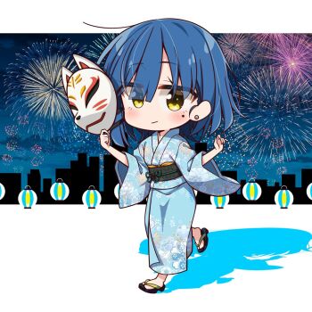 1girl aerial_fireworks alternate_costume blue_hair blue_kimono blush bocchi_the_rock! chibi chibi_only chika_(06chimika13) closed_mouth commentary_request ear_piercing fireworks fox_mask full_body hair_ornament hairclip holding holding_mask japanese_clothes kimono lantern long_sleeves looking_at_viewer mask mole mole_under_eye paper_lantern parallel_hairclips piercing sandals shadow short_hair smile solo yamada_ryo yellow_eyes
