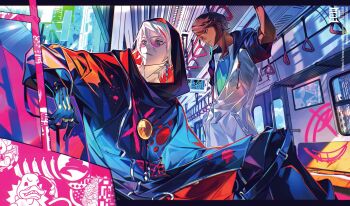 2boys alternate_costume arjuna_(fate) artist_logo black_eyes black_hair blue_eyes colored_skin dark-skinned_male dark_skin earrings eeju eyeshadow fate/grand_order fate_(series) gloves hair_between_eyes hand_grip highres holding_hand_grip hood hooded_jacket jacket jewelry karna_(fate) karna_(under_the_same_sky)_(fate) logo makeup male_focus multiple_boys pendant red_eyeshadow short_hair sitting subway train vehicle_interior white_hair white_skin