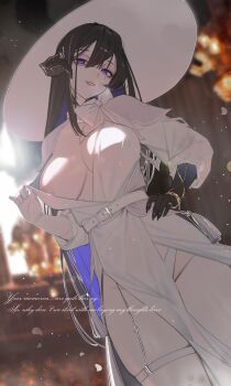 1girl absurdres black_claws black_hair breasts commentary constance_(honkai:_star_rail) demon_girl demon_horns dress english_text hat highres honkai:_star_rail honkai_(series) horns large_breasts long_hair looking_at_viewer mole mole_under_eye nipples ohkurrva pelvic_curtain purple_eyes solo very_long_hair white_dress white_hat