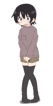 1girl between_legs black_hair black_thighhighs blush breast_pocket brown_shirt brown_shorts female_focus flat_chest full_body hand_between_legs knees_together_feet_apart long_sleeves looking_afar nose_blush original own_hands_together peeing peeing_self pocket ponnu_(tnpn2yw) ringed_eyes shirt short_hair short_shorts shorts sidelocks simple_background solo standing thighhighs v_arms wet wet_clothes wet_shorts white_background wide-eyed