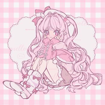 Rule 34 | 1girl, beret, bow, closed mouth, commentary, dark skin, english commentary, full body, hair between eyes, hair intakes, hand rest, hat, highres, invisible chair, jacket, leg warmers, long hair, long sleeves, looking at viewer, mellownote, original, pink bow, pink eyes, pink hair, pink jacket, plaid background, sitting, smile, solo, two side up, very long hair, wavy hair, white hat, white leg warmers