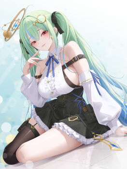 1girl bare_shoulders belt_buckle black_skirt breasts brown_thighhighs buckle center_frills detached_sleeves frilled_skirt frills garter_straps gradient_hair green_hair hair_ornament hair_ribbon halo hashtag-only_commentary highres indie_virtual_youtuber large_breasts long_hair long_sleeves looking_at_viewer miniskirt multicolored_hair myomomoo red_eyes ribbon shirt sideboob sidelocks single_thighhigh sitting skirt sleeveless sleeveless_shirt solo streaked_hair thighhighs thighs twintails underbust very_long_hair virtual_youtuber white_shirt yokozuwari