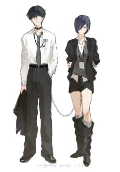1boy 1girl absurdres belt black_belt black_boots black_choker black_hair black_jacket black_pants black_shoes boots brown_vest choker closed_mouth collared_shirt commentary_request full_body highres jacket kaneki_ken kirishima_touka long_sleeves looking_at_viewer open_clothes open_jacket pants purple_hair shirt shirt_tucked_in shoes short_hair simple_background standing tokyo_ghoul vest vjoos white_background white_shirt
