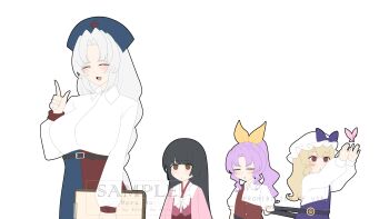 4girls :d absurdres aged_down alternate_costume belt black_belt black_hair blonde_hair blush bow bowtie braid brown_eyes bug butterfly child closed_eyes collared_shirt commentary cross dress english_commentary facing_viewer grey_hair hair_ribbon hat hat_bow highres houraisan_kaguya index_finger_raised insect long_hair long_sleeves multiple_girls no_noru nurse_cap open_mouth pink_butterfly pink_hair pink_shirt ponytail purple_dress red_cross red_dress red_eyes ribbon sample_watermark shirt siblings simple_background single_strap sisters smile touhou very_long_hair watatsuki_no_toyohime watatsuki_no_yorihime watermark white_background white_bow white_bowtie white_hat white_shirt yagokoro_eirin yellow_ribbon