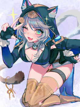 1girl ;o animal_ears animal_hood belt black_gloves black_leotard blue_eyes boots breasts cat_ears cat_girl cat_hood cat_tail cipher_(honkai:_star_rail) cleavage coin commentary fang fingerless_gloves gloves gold_boots gold_coin grey_background grey_hair highres holding holding_coin holding_key holding_with_tail honkai:_star_rail honkai_(series) hood hooded_leotard key large_breasts leotard looking_at_viewer mole mole_on_breast one_eye_closed prehensile_tail simple_background skin_fang solo starlight_i_plz tail thigh_belt thigh_boots thigh_strap thighs