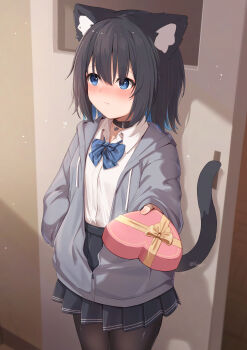 Rule 34 | 1girl, absurdres, animal ear fluff, animal ears, averting eyes, black choker, black hair, black pantyhose, black skirt, blue bow, blue bowtie, blue eyes, blue hair, blush, bow, bowtie, box, cardigan, cat ears, cat girl, cat tail, choker, closed mouth, collared shirt, colored inner hair, commentary request, gift, grey jacket, heart-shaped box, highres, hinata (user rjkt4745), hood, hood down, hooded jacket, indoors, jacket, long sleeves, miniskirt, multicolored hair, open cardigan, open clothes, original, pantyhose, partially unzipped, pleated skirt, shirt, short hair, skirt, solo, tail, two-tone hair, valentine, white shirt