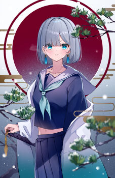 Rule 34 | 1girl, absurdres, aqua neckerchief, blue eyes, blue serafuku, blue shirt, blue skirt, branch, coat, coat partially removed, comiket 105, commentary request, crop top, cropped shirt, earrings, grey hair, highres, japanese flag, jewelry, kaga sumire, koohii mikan, long sleeves, looking at viewer, midriff, mole, mole under eye, navel, neckerchief, parted lips, pleated skirt, sailor collar, school uniform, serafuku, shirt, short hair, skirt, snow, snowing, solo, straight hair, sword, virtual youtuber, vspo!, weapon, white coat, white mouth, white sailor collar