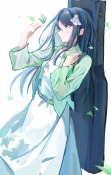 Rule 34 | 1girl, belt, black hair, breasts, closed mouth, collared shirt, dress, falling leaves, feet out of frame, flower, from side, green belt, green shirt, grey eyes, guitar case, gumicksen, hair between eyes, hair flower, hair ornament, hands up, hashtag-only commentary, highres, holding, holding leaf, hoshino ichika (project sekai), instrument case, instrument case on back, leaf, long hair, long sleeves, looking to the side, official alternate costume, official alternate hair ornament, open clothes, open shirt, path made by faith (project sekai), project sekai, see-through clothes, see-through shirt, shirt, sidelocks, simple background, small breasts, smile, solo, standing, white background, white dress, white flower